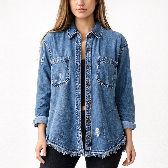 American Eagle Outfitters Tops - American Eagle Denim Jacket Size Medium Blue Oversized Frayed Graphic Distressed